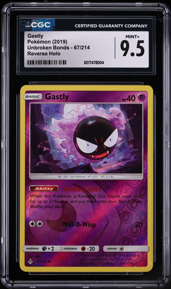 2019 Pokemon Sun & Moon Unbroken Bonds Reverse Holo Gastly #67 CGC 9.5 MINT+