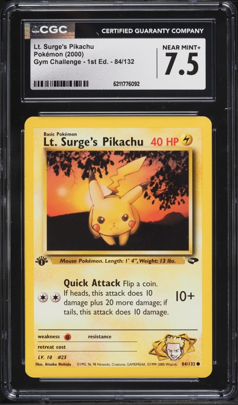 2000 Pokemon Gym Challenge 1st Edition Lt Surge's Pikachu #84 CGC 7.5 NRMT+