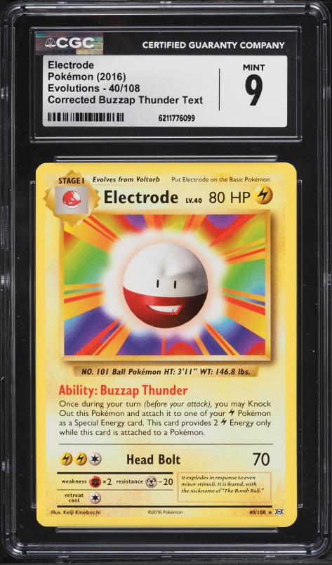 2016 Pokemon XY Evolutions Corrected Buzzap Thunder Text Electrode #40 CGC 9 MINT