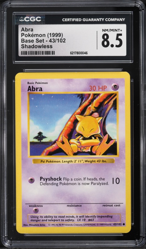 1999 Pokemon Base Set Shadowless Abra #43 CGC 8.5 NM-MT+
