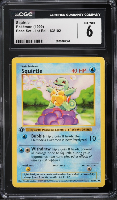 1999 Pokemon Base Set Shadowless 1st Edition Squirtle #63 CGC 6 EXMT