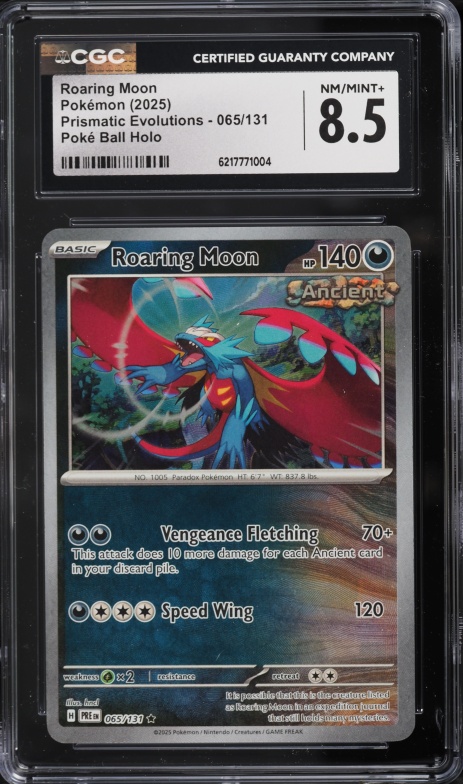 2025 Pokemon Scarlet & Violet Prismatic Evolutions Poke Ball Holo Roaring Moon #65 CGC 8.5