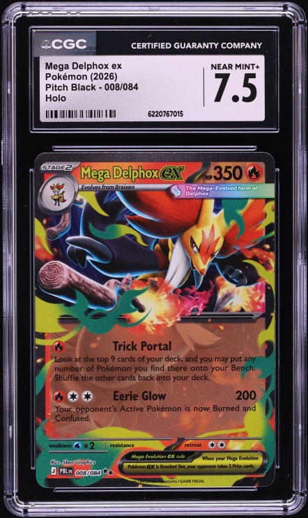 2026 Pokemon Mega Evolution Pitch Black Holo Mega Delphox ex #8 CGC 7.5 NRMT+
