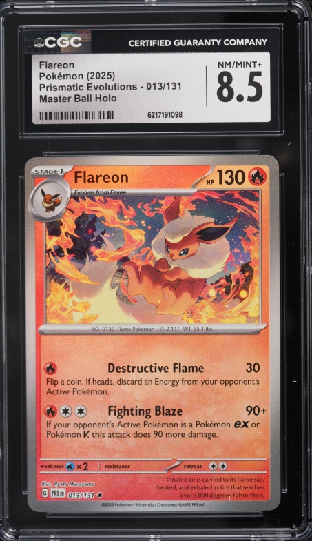 2025 Pokemon Scarlet & Violet Prismatic Evolutions Master Ball Holo Flareon #13 CGC 8.5 NM-MT+