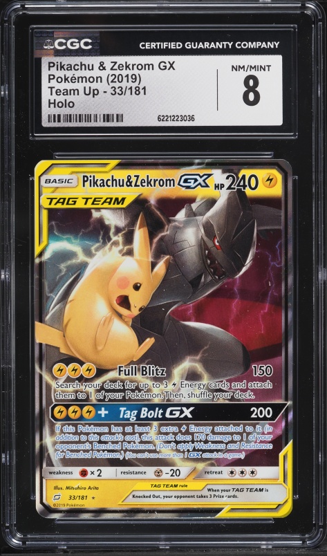 2019 Pokemon Sun & Moon Team Up Holo Pikachu & Zekrom GX #33 CGC 8 NM-MT