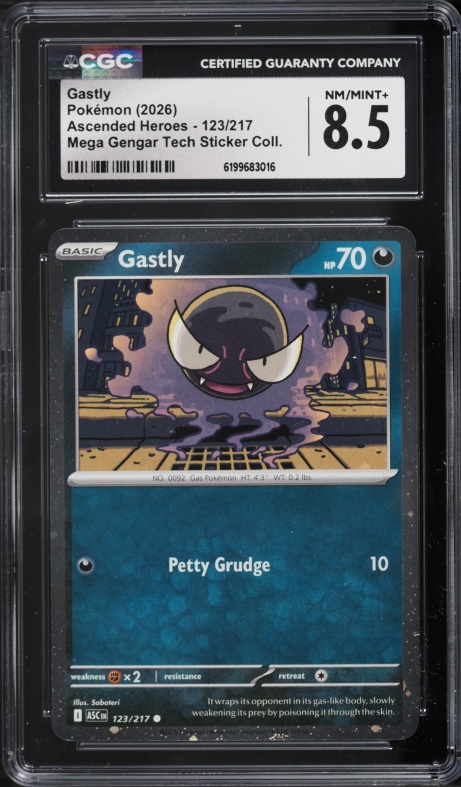 2026 Pokemon Mega Evolution Ascended Heroes Tech Sticker Gastly #123 CGC 8.5 NM-MT+
