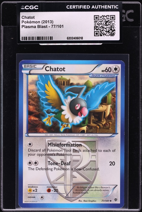 2013 Pokemon Black & White Plasma Blast Chatot #77 CGC AUTH