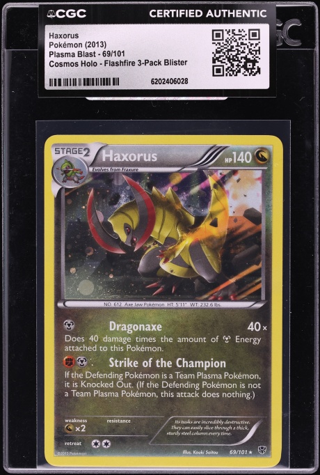 2013 Pokemon Plasma Blast Cosmos Holo Flashfire 3-Pack Blister Haxorus #69 CGC AUTH