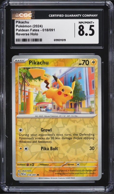 2024 Pokemon Scarlet & Violet Paldean Fates Reverse Holo Pikachu #18 CGC 8.5 NM-MT+