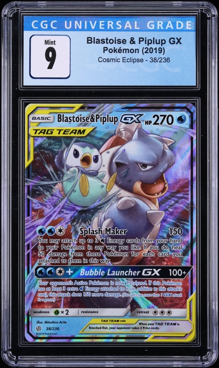 2019 Pokemon Sun & Moon Cosmic Eclipse Holo Blastoise & Piplup GX #38 CGC 9 MINT