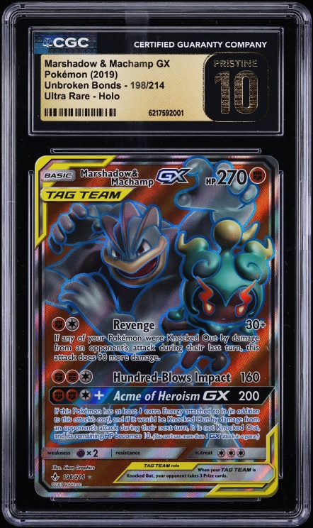 2019 Pokemon Sun & Moon Unbroken Bonds Full Art Marshadow & Machamp GX #198 CGC 10 PRISTINE
