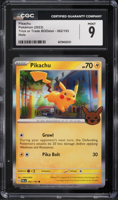 2023 Pokemon Scarlet & Violet Paldea Evolved Trick Or Trade BOOster Holo Pikachu #62 CGC 9 MINT