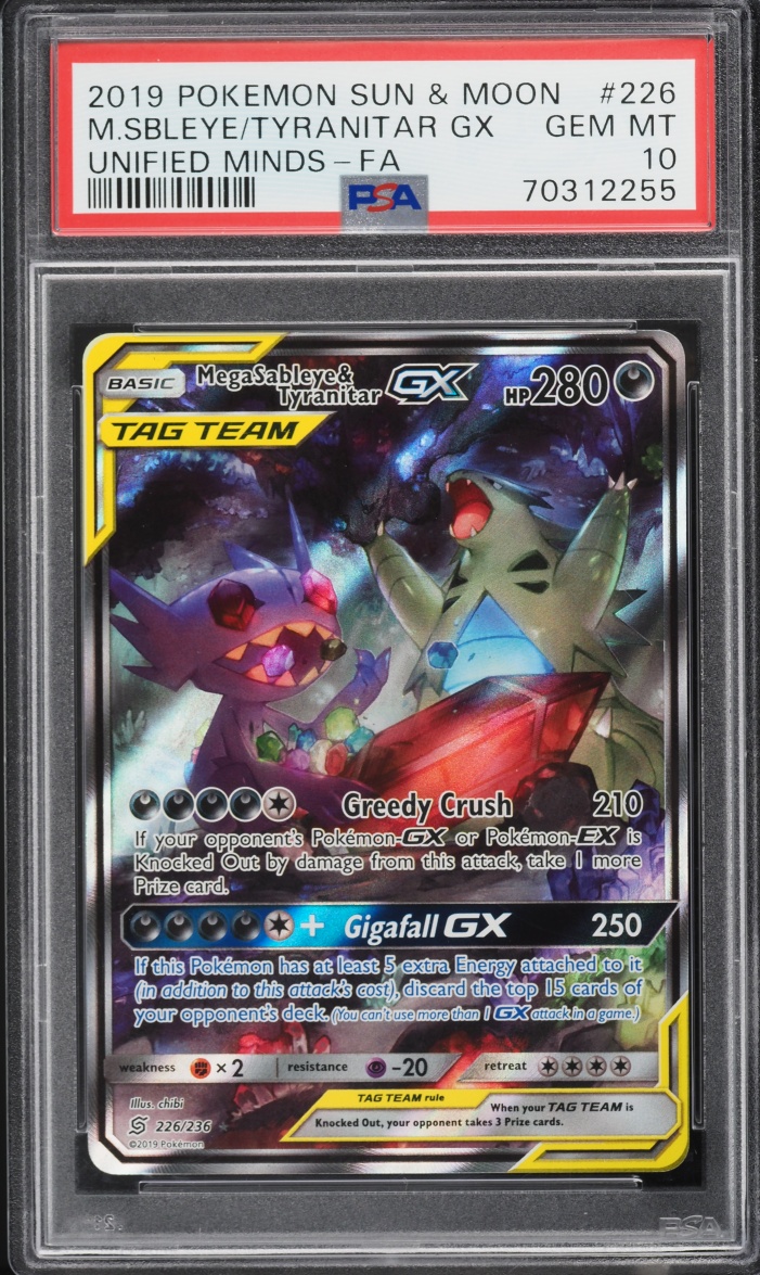 2019 Pokemon Sun & Moon Unified Minds Full Art Mega Sableye & Tyranitar GX #226 PSA 10 GEM MINT