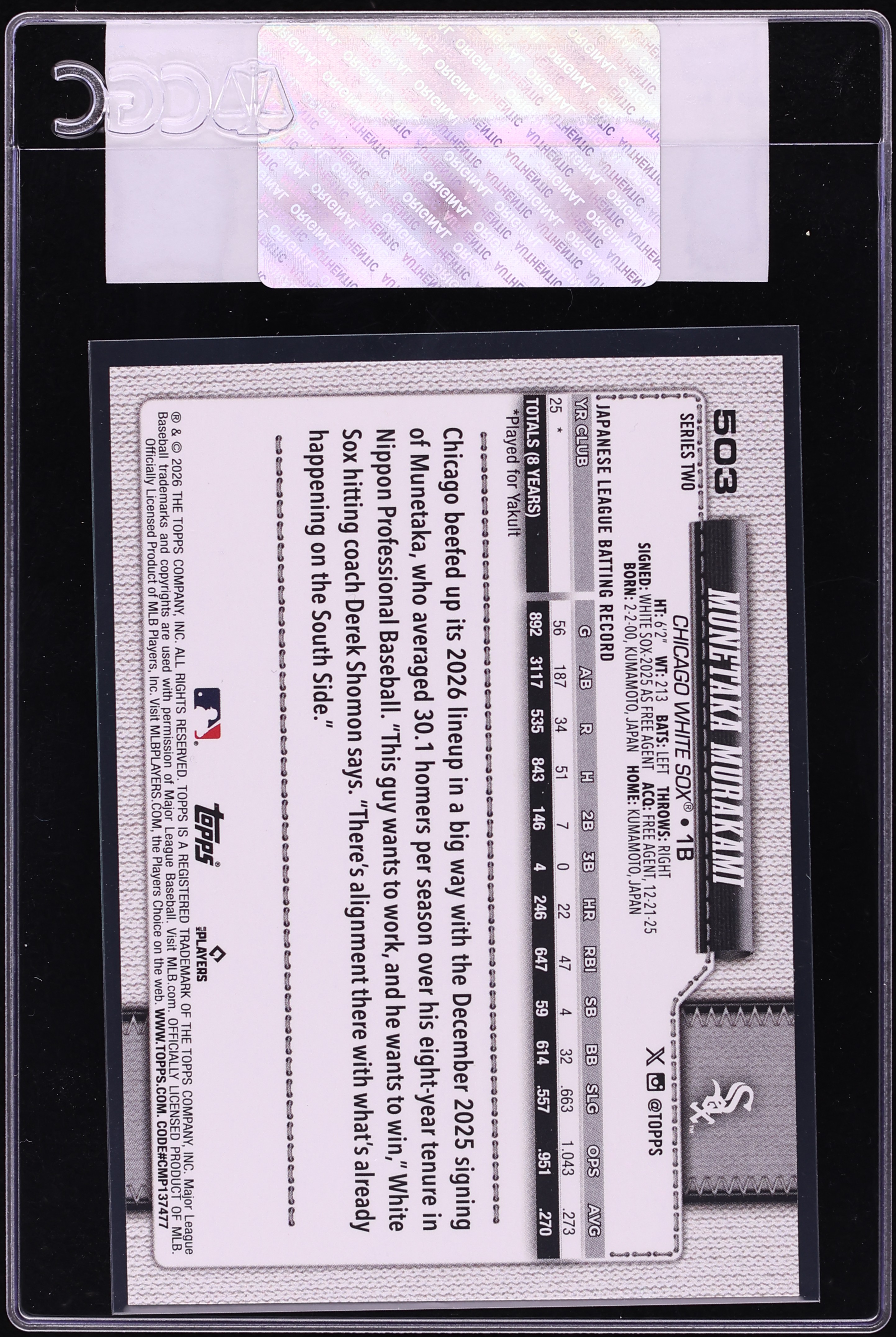 2026 Topps Munetaka Murakami ROOKIE #503 CGC AUTH on Fanatics Collect