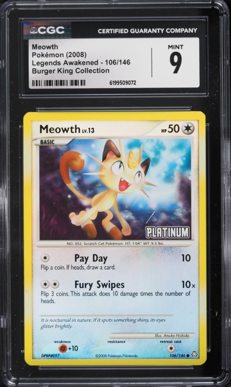 2008 Pokemon Diamond & Pearl Legends Awakened Burger King Collection Meowth #106 CGC 9 MINT