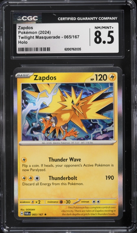 2024 Pokemon Scarlet & Violet Twilight Masquerade Holo Zapdos #065 CGC 8.5 NM-MT+