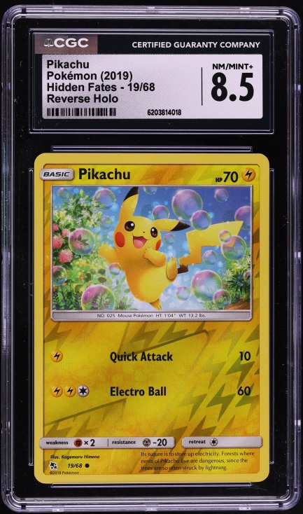 2019 Pokemon Sun & Moon Hidden Fates Reverse Holo Pikachu #19 CGC 8.5 NM-MT+