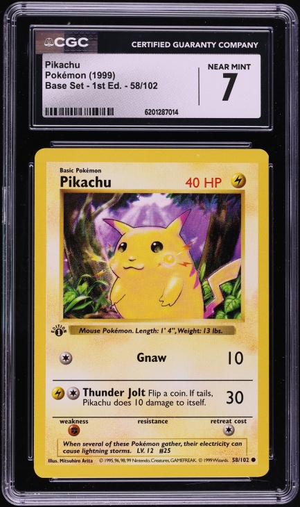 1999 Pokemon Base Set Shadowless 1st Edition Pikachu #58 CGC 7 NRMT