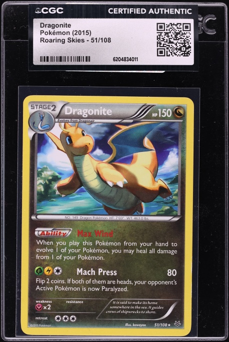 2015 Pokemon XY Roaring Skies Dragonite #51 CGC AUTH