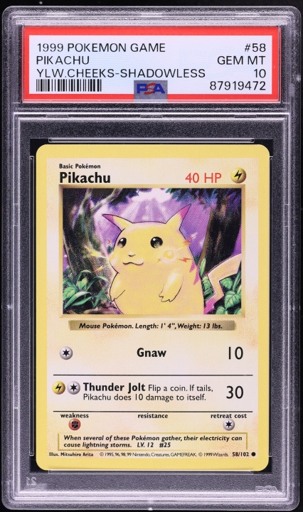 1999 Pokemon Base Set Shadowless Yellow Cheeks Pikachu #58 PSA 10 GEM MINT