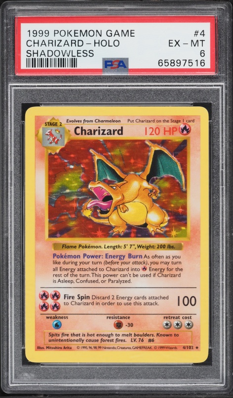 1999 Pokemon Base Set Shadowless Holo Charizard #4 PSA 6 EXMT