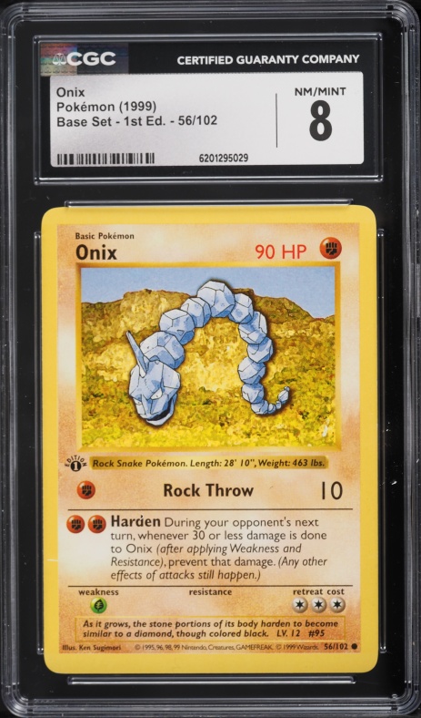 1999 Pokemon Base Set Shadowless 1st Edition Onix #56 CGC 8 NM-MT