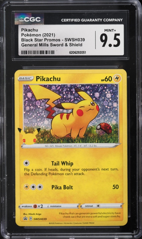 2021 Pokemon SWSH Promo General Mills 25th Anniversary Holo Pikachu #SWSH039 CGC 9.5 MINT+
