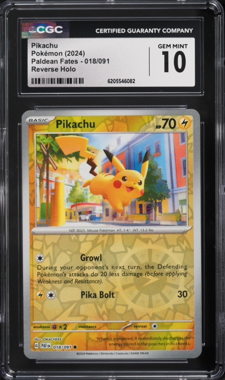 2024 Pokemon Scarlet & Violet Paldean Fates Reverse Holo Pikachu #18 CGC 10 GEM MINT