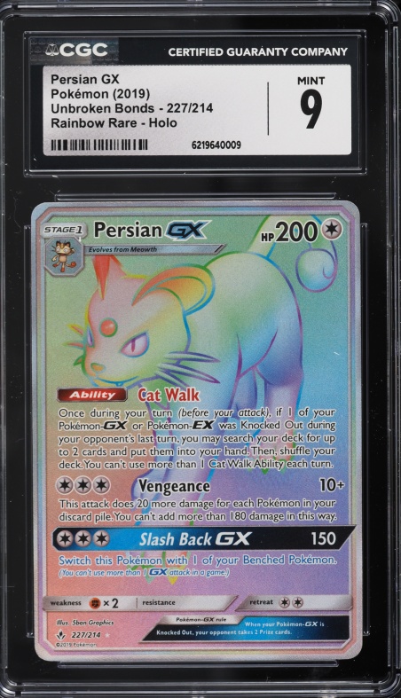 2019 Pokemon Sun & Moon Unbroken Bonds Rainbow Rare Persian Gx #227 CGC 9 MINT