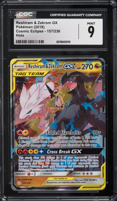 2019 Pokemon Sun & Moon Cosmic Eclipse Holo Reshiram & Zekrom GX #157 CGC 9 MINT