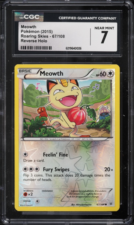 2015 Pokemon XY Roaring Skies Reverse Holo Meowth #67 CGC 7 NRMT