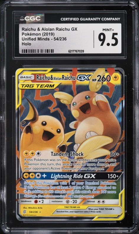 2019 Pokemon Sun & Moon Unified Minds Holo Raichu & Alolan Raichu GX #54 CGC 9.5 MINT+