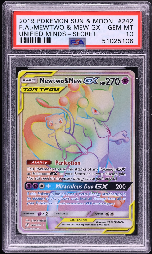 2019 Pokemon Sun & Moon Unified Minds Hyper Rare Mewtwo & Mew GX #242 PSA 10 GEM MINT