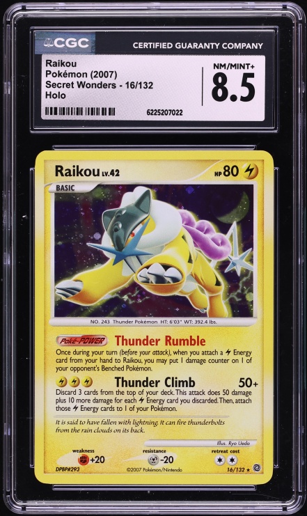 2007 Pokemon Diamond & Pearl Secret Wonders Holo Raikou #16 CGC 8.5 NM-MT+