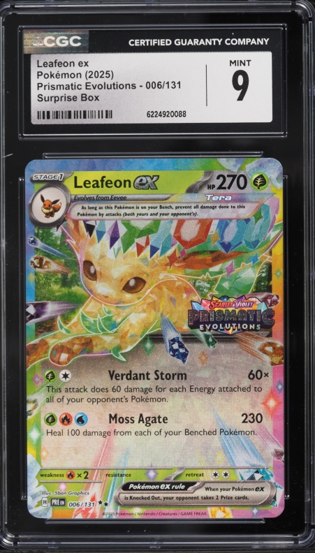 2025 Pokemon Scarlet & Violet Prismatic Evolutions Surprise Box Leafeon Ex #6 CGC 9 MINT