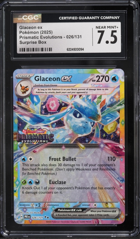 2025 Pokemon Scarlet & Violet Prismatic Evolutions Surprise Box Glaceon EX #26 CGC 7.5 NRMT+