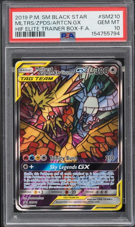 2019 Pokemon SM Promo Hidden Fates ETB Full Art Moltres Zapdos Articuno GX #SM210 PSA 10 GEM