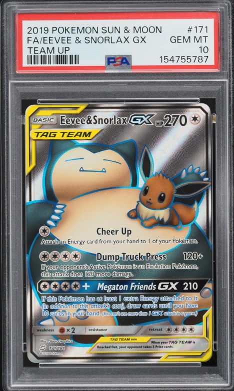 2019 Pokemon Sun & Moon Team Up Full Art Eevee & Snorlax GX #171 PSA 10 GEM MINT