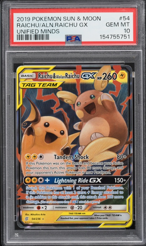 2019 Pokemon Sun & Moon Unified Minds Holo Raichu & Alolan Raichu GX #54 PSA 10 GEM MINT