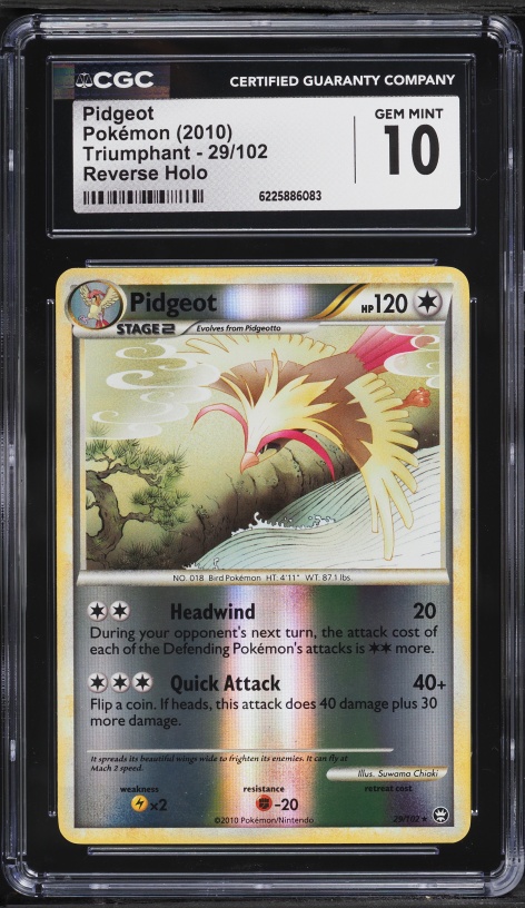 2010 Pokemon HeartGold & SoulSIlver Triumphant Reverse Holo Pidgeot #29 CGC 10 GEM MINT
