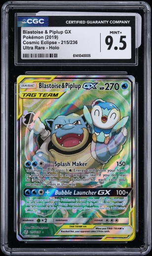 2019 Pokemon Sun & Moon Cosmic Eclipse Full Art Blastoise & Piplup GX #215 CGC 9.5 MINT+