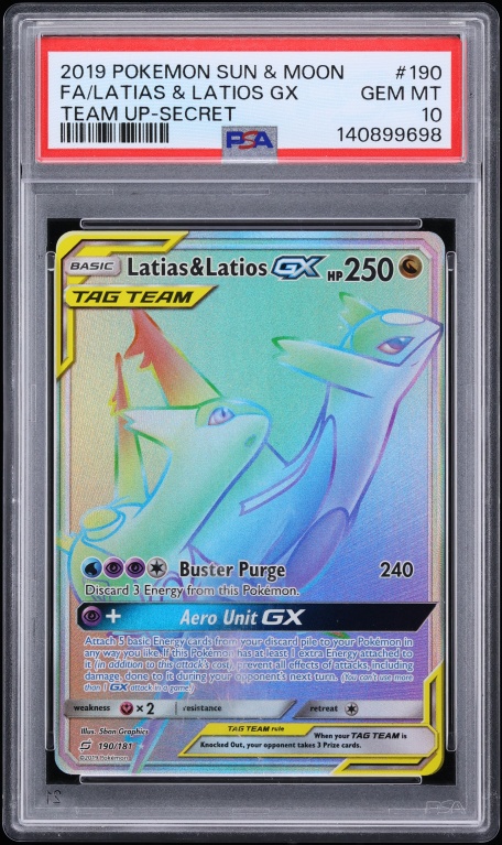 2019 Pokemon Sun & Moon Team Up Rainbow Rare Latias & Latios GX #190 PSA 10 GEM MINT