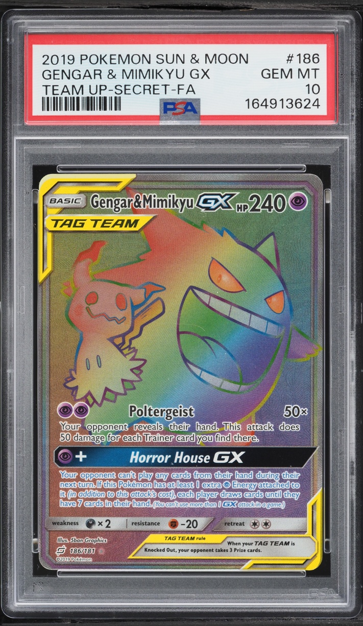 2019 Pokemon Sun & Moon Team Up Rainbow Rare Gengar & Mimikyu GX #186 PSA 10 GEM MINT