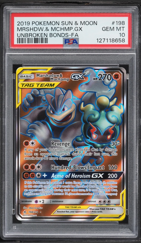 2019 Pokemon Sun & Moon Unbroken Bonds Full Art Marshadow & Machamp GX #198 PSA 10 GEM MINT