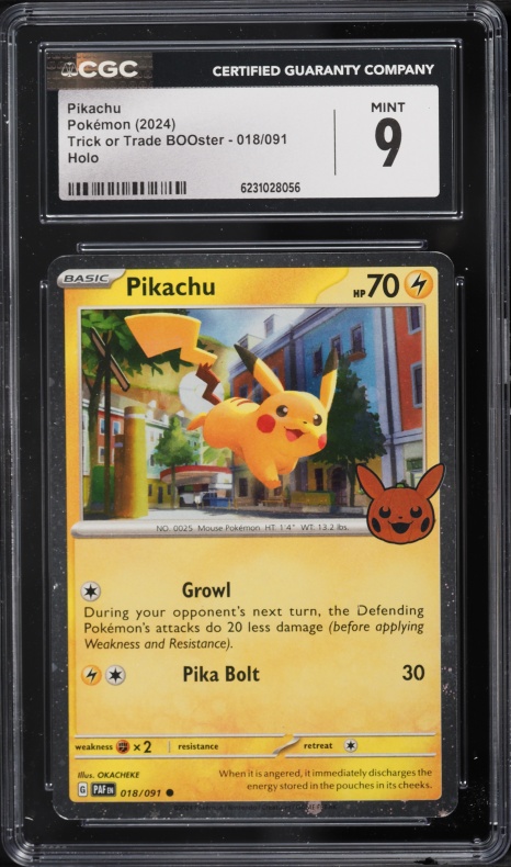 2024 Pokemon Scarlet & Violet Paldean Fates Trick Or Trade BOOster Holo Pikachu #18 CGC 9 MINT