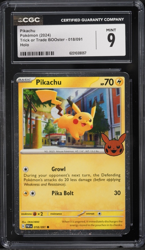 2024 Pokemon Scarlet & Violet Paldean Fates Trick Or Trade BOOster Holo Pikachu #18 CGC 9 MINT