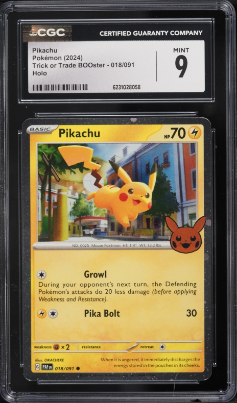 2024 Pokemon Scarlet & Violet Paldean Fates Trick Or Trade BOOster Holo Pikachu #18 CGC 9 MINT