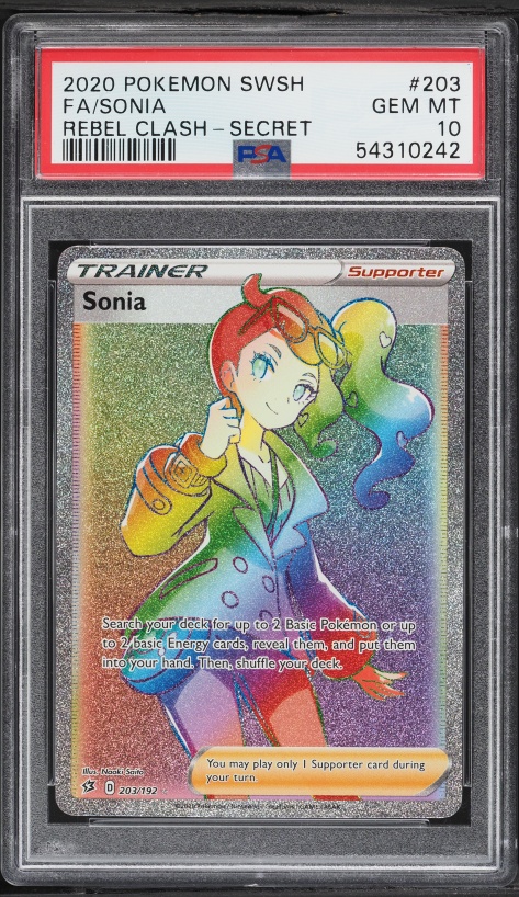 2020 Pokemon Sword & Shield Rebel Clash Rainbow Rare Sonia #203 PSA 10 GEM MINT