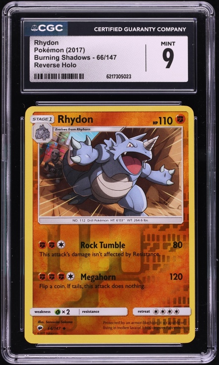 2017 Pokemon Sun & Moon Burning Shadows Reverse Holo Rhydon #66 CGC 9 MINT