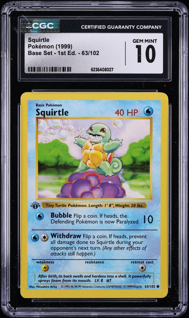 1999 Pokemon Base Set Shadowless 1st Edition Squirtle #63 CGC 10 GEM MINT